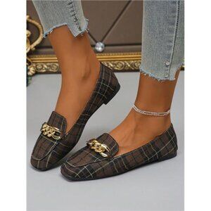 Square Toe Women Flat Shoes, Metal Chain Decor Casual Slip-On Black Flats
